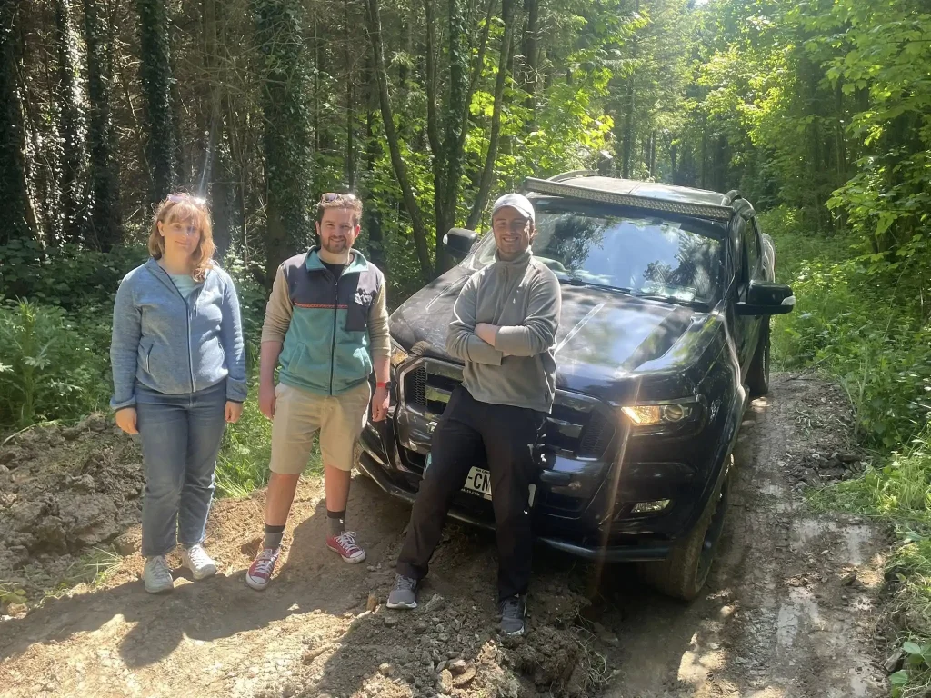 Trainees and vehicle in woodland setting during LANTRA 4x4 off-road training in Wexford, Ireland