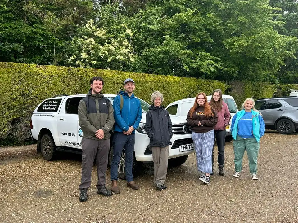 Group of participants beside Beyond Driving vehicle during LANTRA 4x4 operator training for Lincolnshire Wildlife Trust