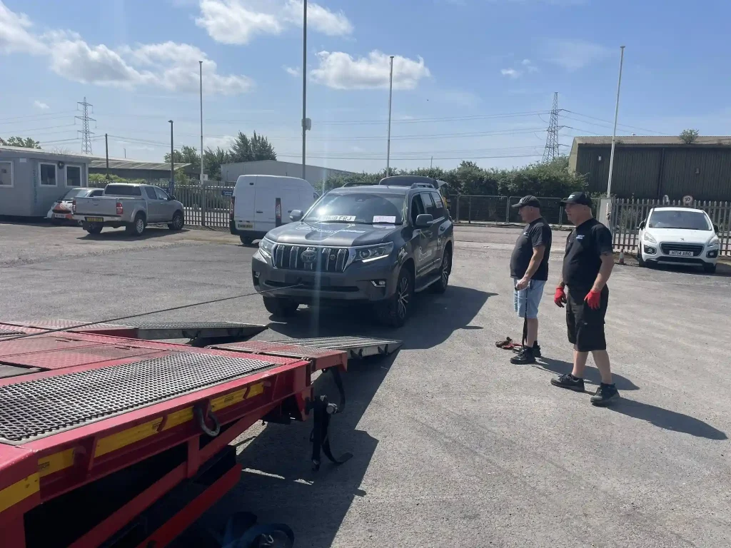 Lantra winch training in action with Beyond Driving 4x4 vehicle being loaded onto trailer at RC Express Avonmouth site