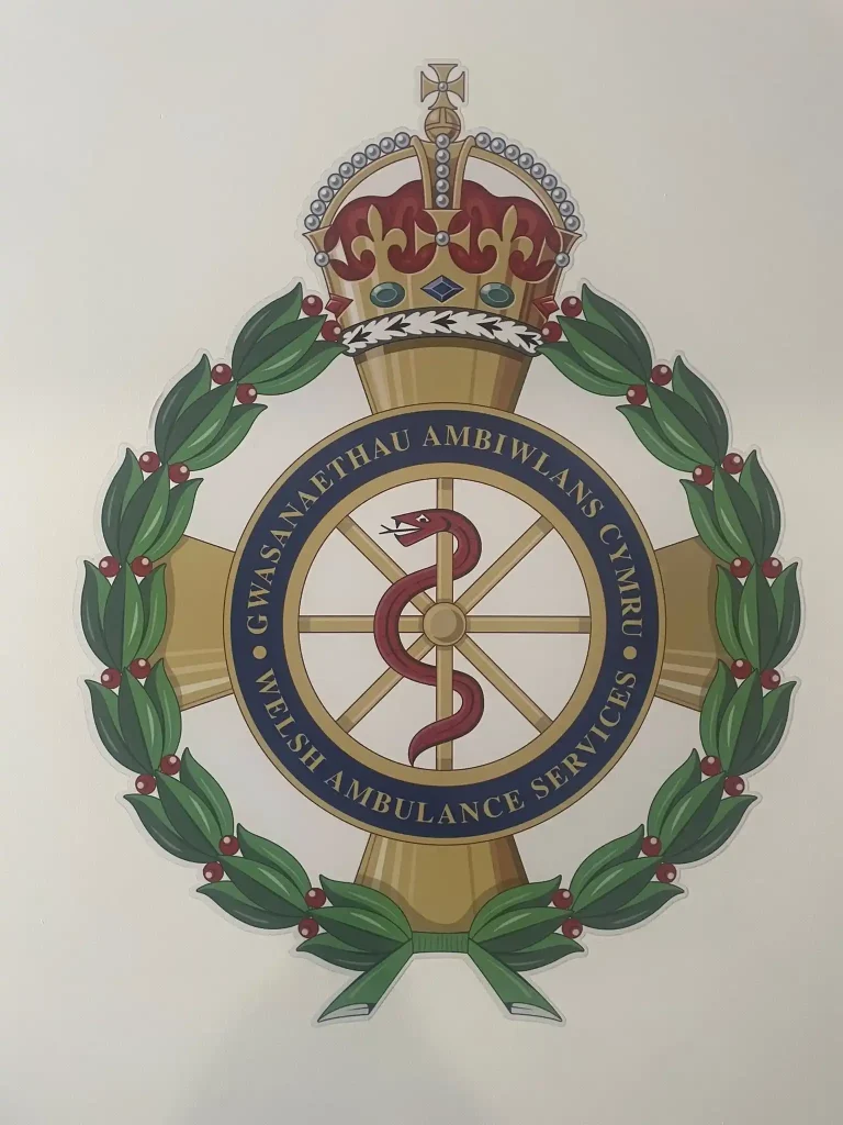 Welsh Ambulance Services NHS Trust crest displayed at Bridgend HART training centre
