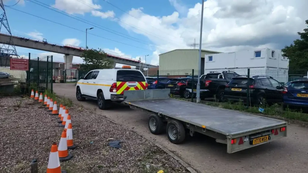 Beyond Driving training trailer being reversed between cones during towing assessment
