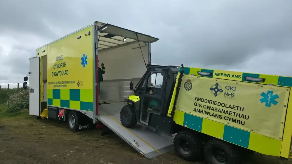 Polaris UTV being loaded into Welsh Ambulance Services support unit during training