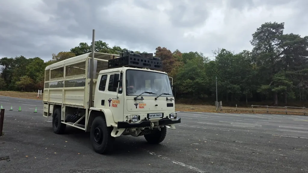 Safari truck positioned on a driving course with cones at West Midlands Safari Park
