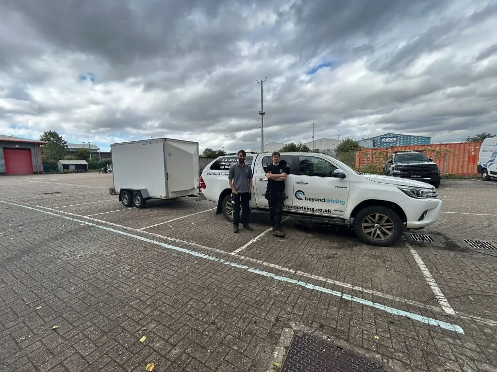 BT staff receiving Beyond Driving trailer handling training with 4x4 and enclosed trailer