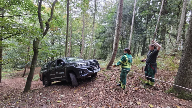 London Ambulance Service HART team practising winch recovery techniques with a Beyond Driving 4x4 vehicle during refresher training near Newbury.