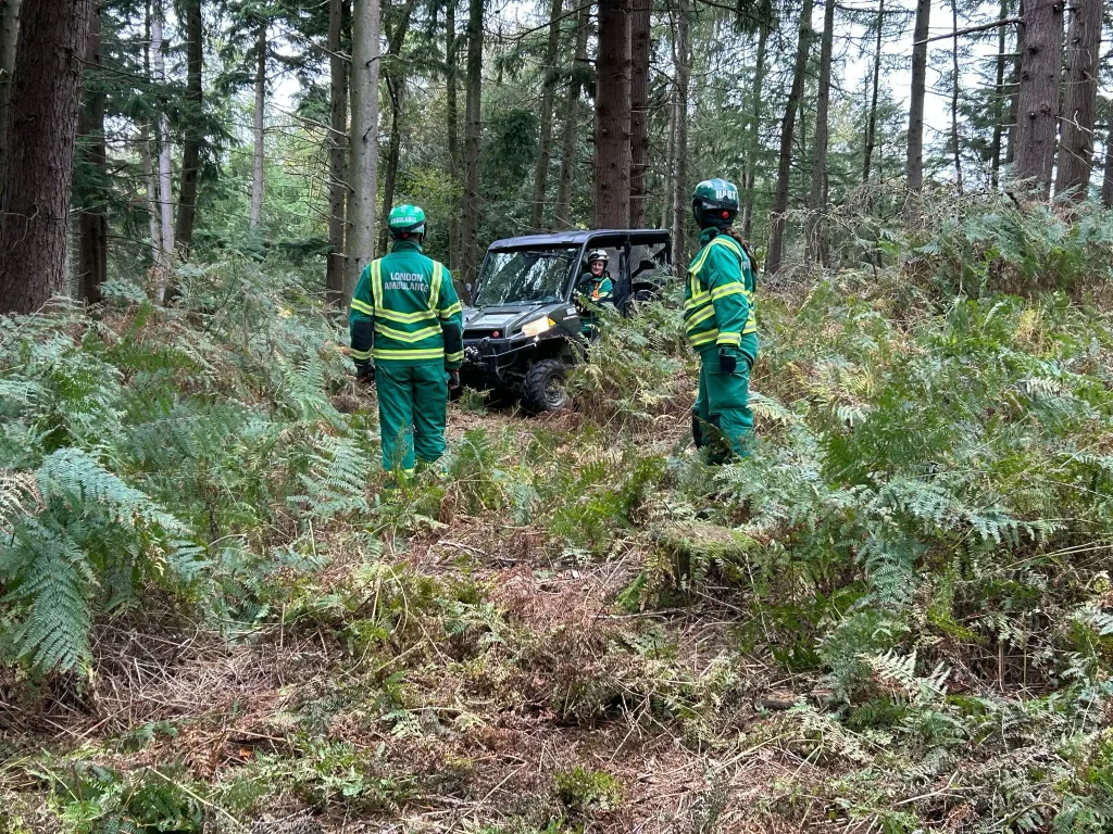 Beyond Driving 4x4 vehicle preparing for a controlled winch recovery exercise as part of HART refresher training in woodland conditions.