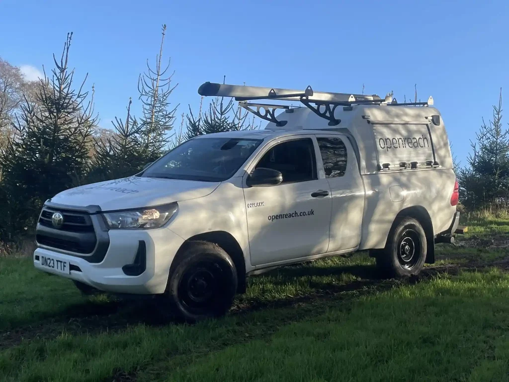 BT Openreach Toyota Hilux parked off-road during Lantra 4x4 operator training near Congleton, Cheshire
