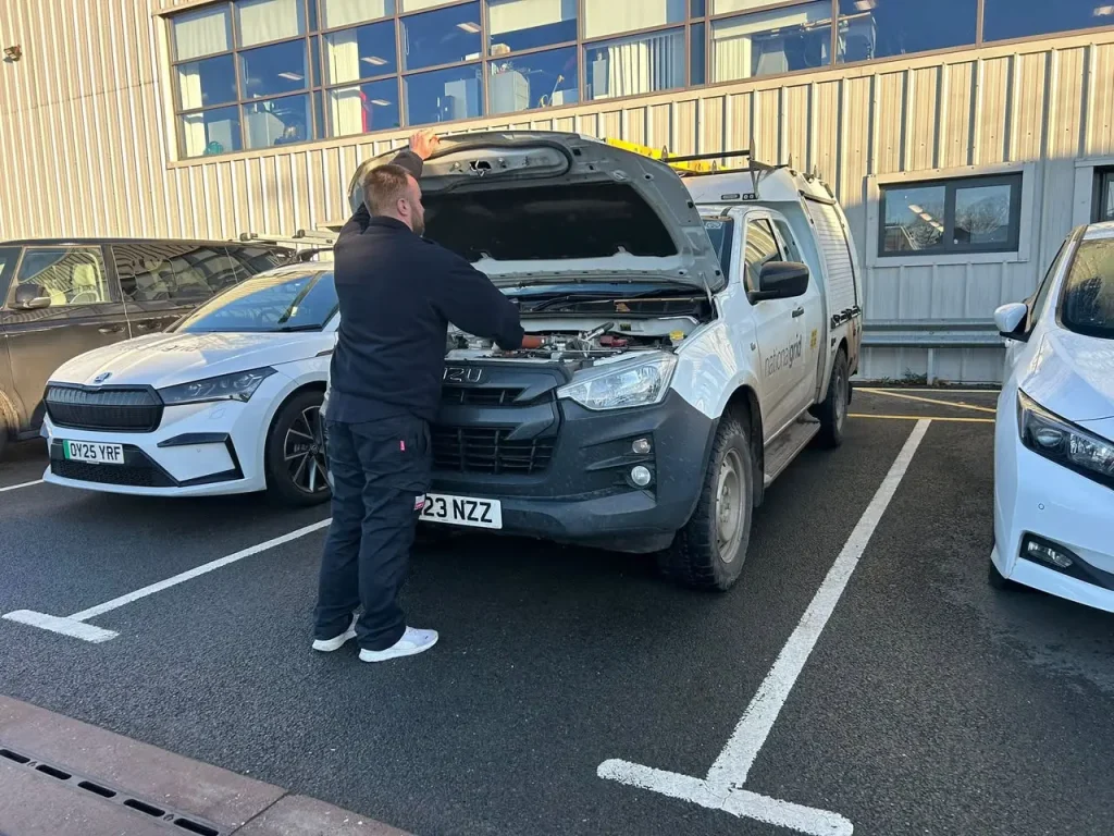 Beyond Driving assessor carrying out pre-assessment vehicle checks during a National Grid driving risk assessment