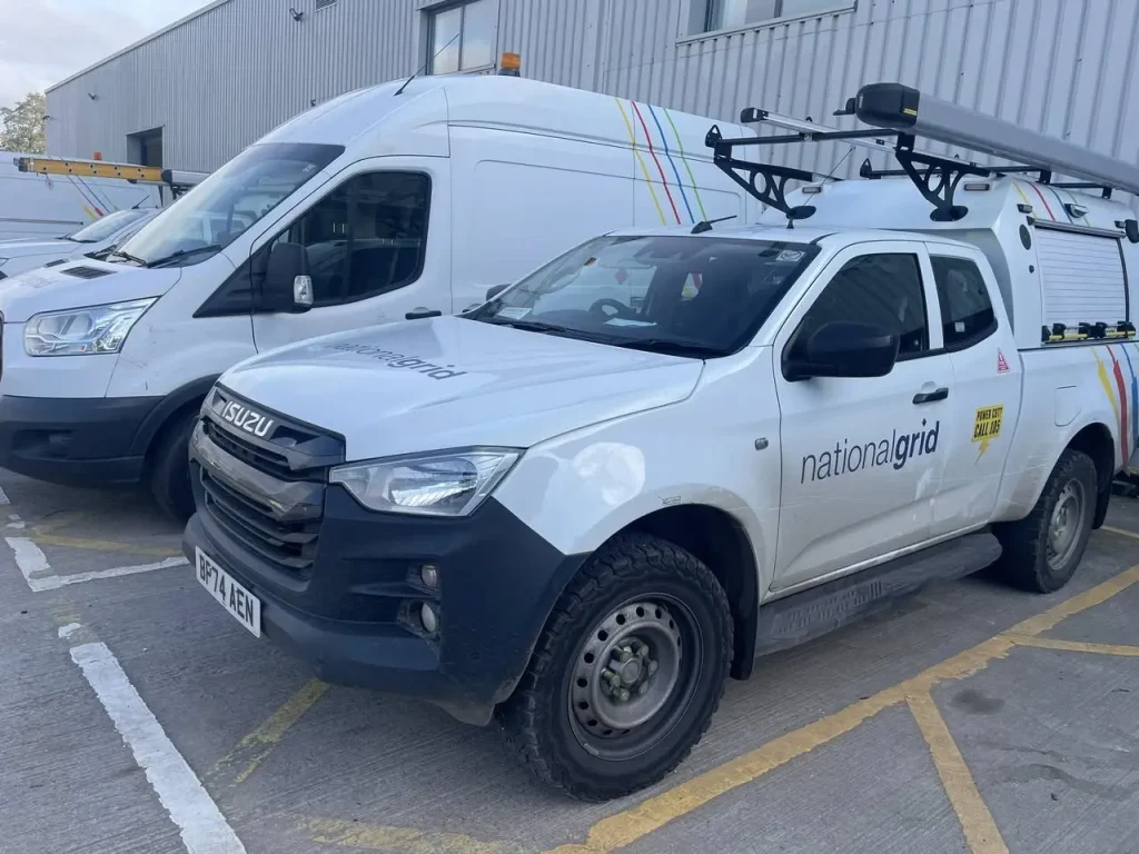 National Grid vehicles used for on-road driving risk assessments for new recruits at a UK depot