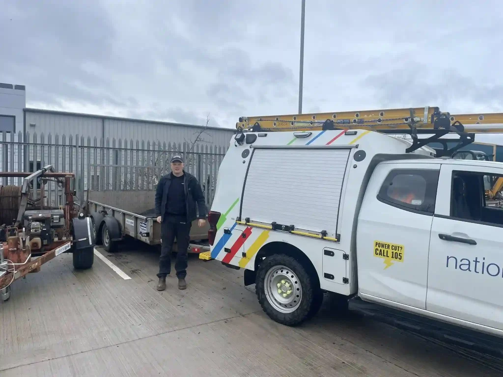 National Grid vehicle and equipment trailer set up during Lantra trailer handling training at operational depot