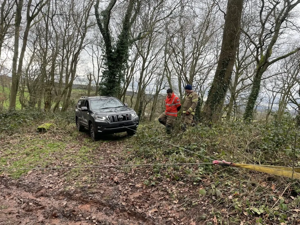 Toyota 4x4 vehicle prepared for winch recovery exercise during fire and rescue instructor training
