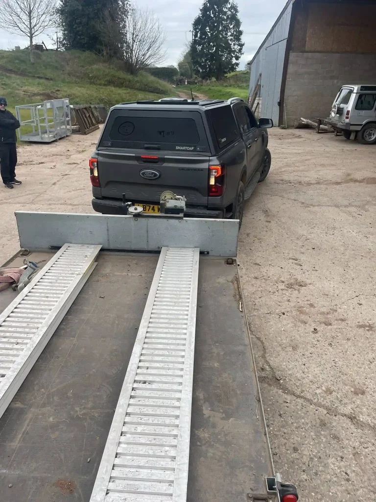 Pickup reversing with flatbed trailer during Lantra trailer handling training