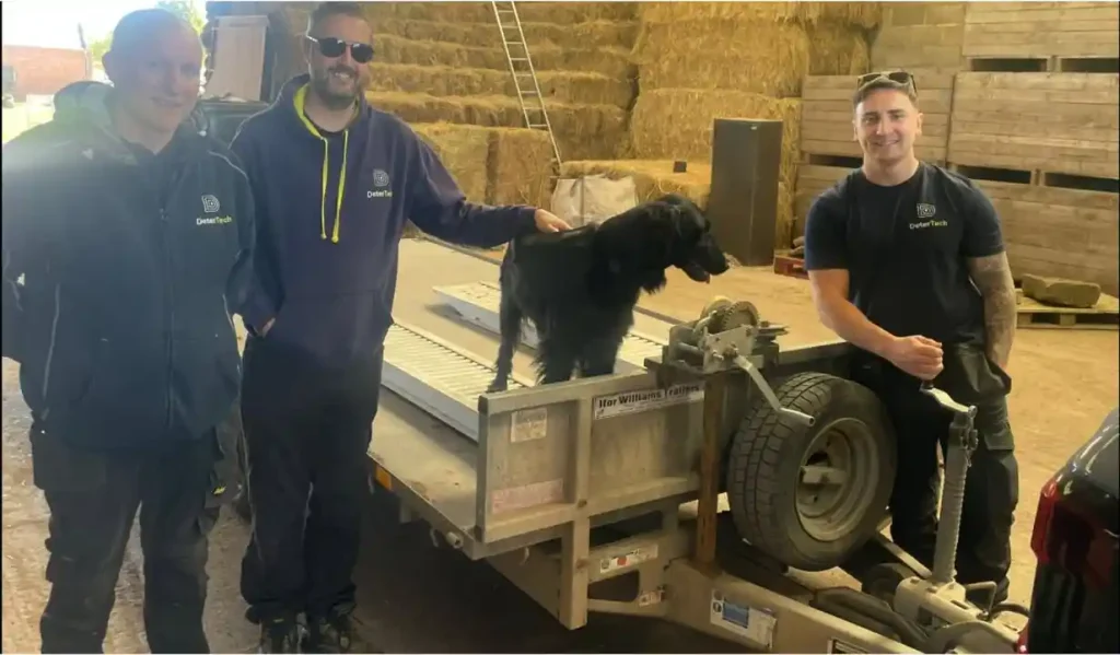 DeterTech staff with dog on trailer during Lantra trailer handling course