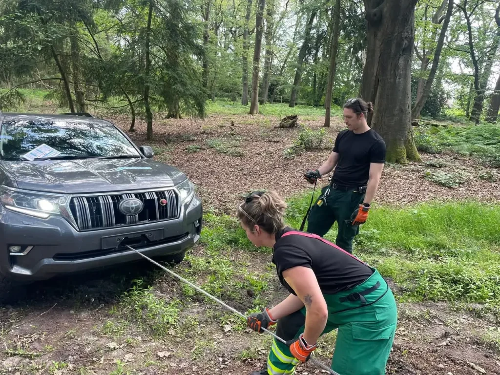 London Ambulance HART team practising safe winch recovery with a Toyota Hilux during Lantra training at Newbury